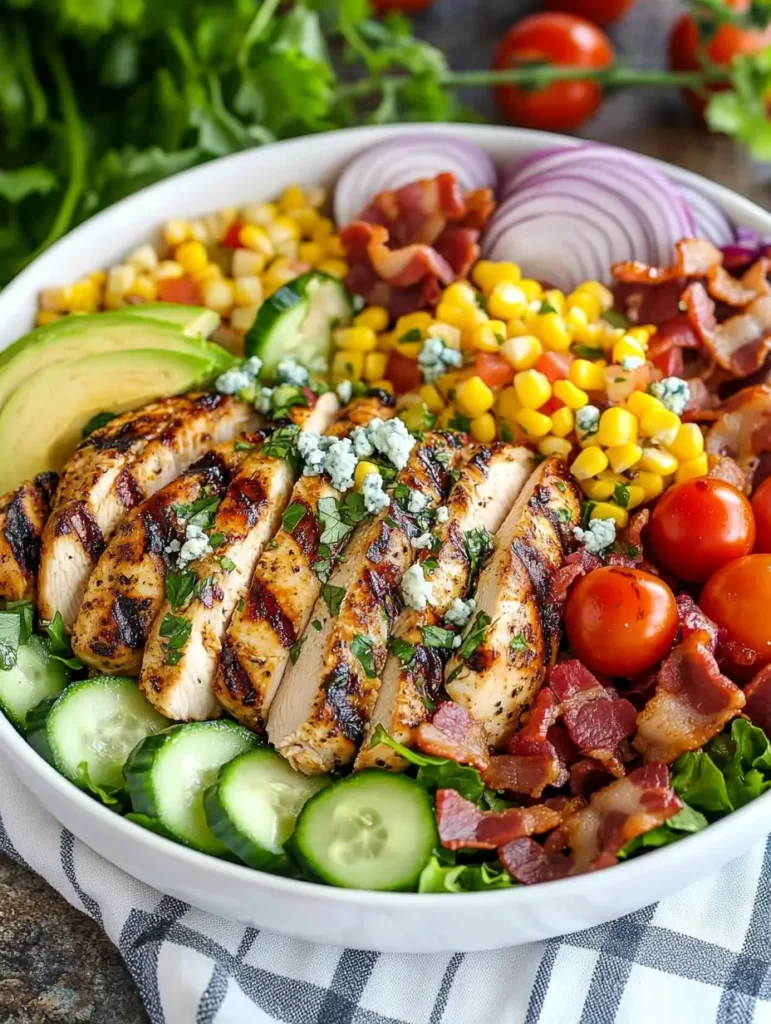 A vibrant bowl of grilled chicken salad featuring perfectly sliced chicken breast, fresh cucumber slices, cherry tomatoes, sweet corn, avocado, crispy bacon, red onion, and blue cheese crumbles, garnished with chopped herbs.