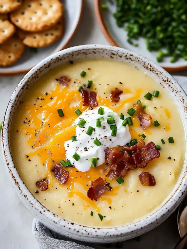 A comforting bowl of slow cooker potato soup topped with crispy bacon, shredded cheddar cheese, sour cream, and fresh chives, served alongside crackers.