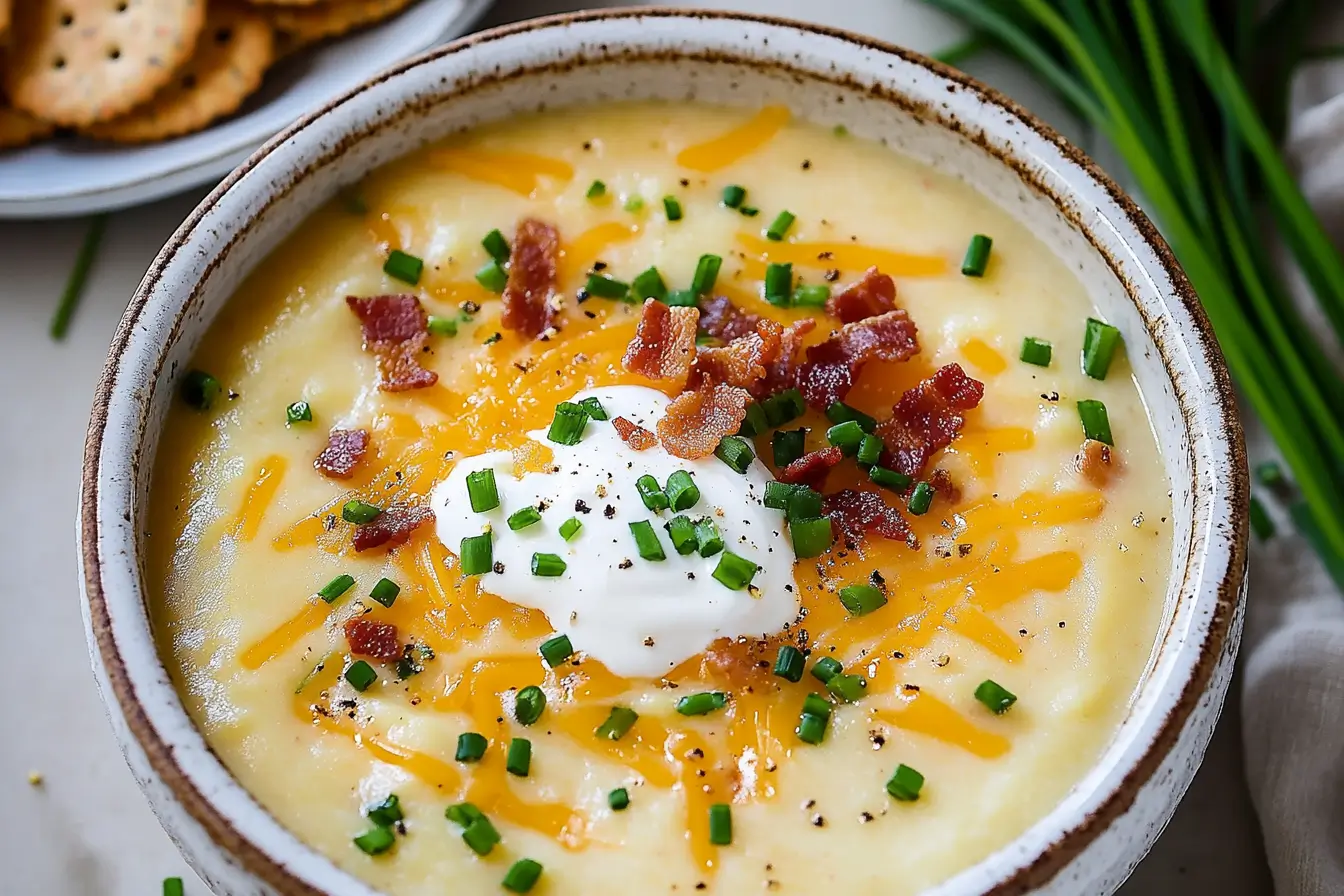 A bowl of creamy loaded potato soup topped with crispy bacon, shredded cheese, sour cream, and fresh chives, served with crackers on the side.