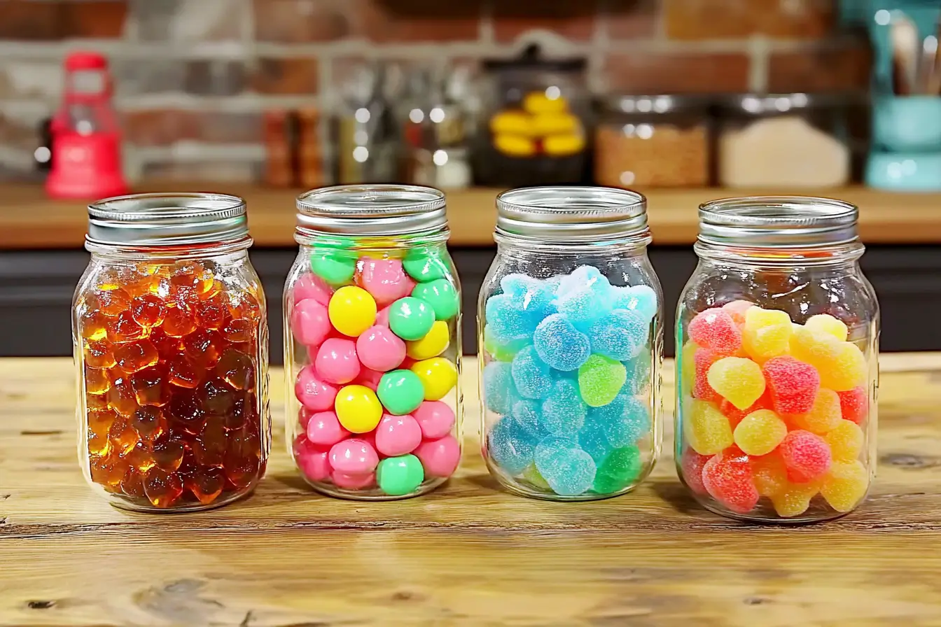 Various colorful candies in mason jars, including gummy bears, gum balls, and sour candies, showcasing freeze-drying process.