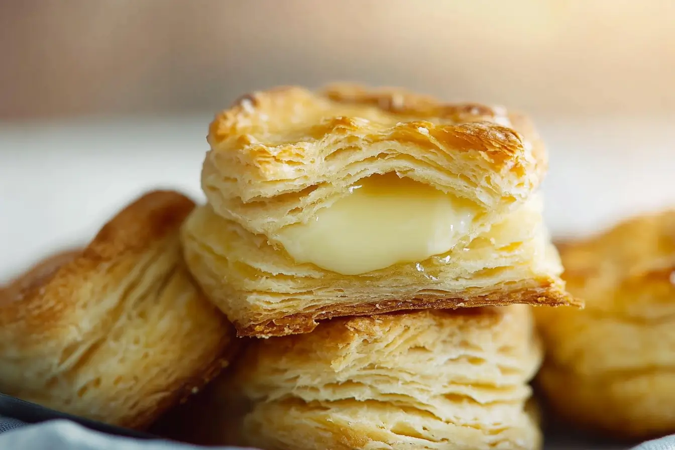 Warm, buttery homemade biscuit with flaky layers, showcasing a golden crust and melting butter.