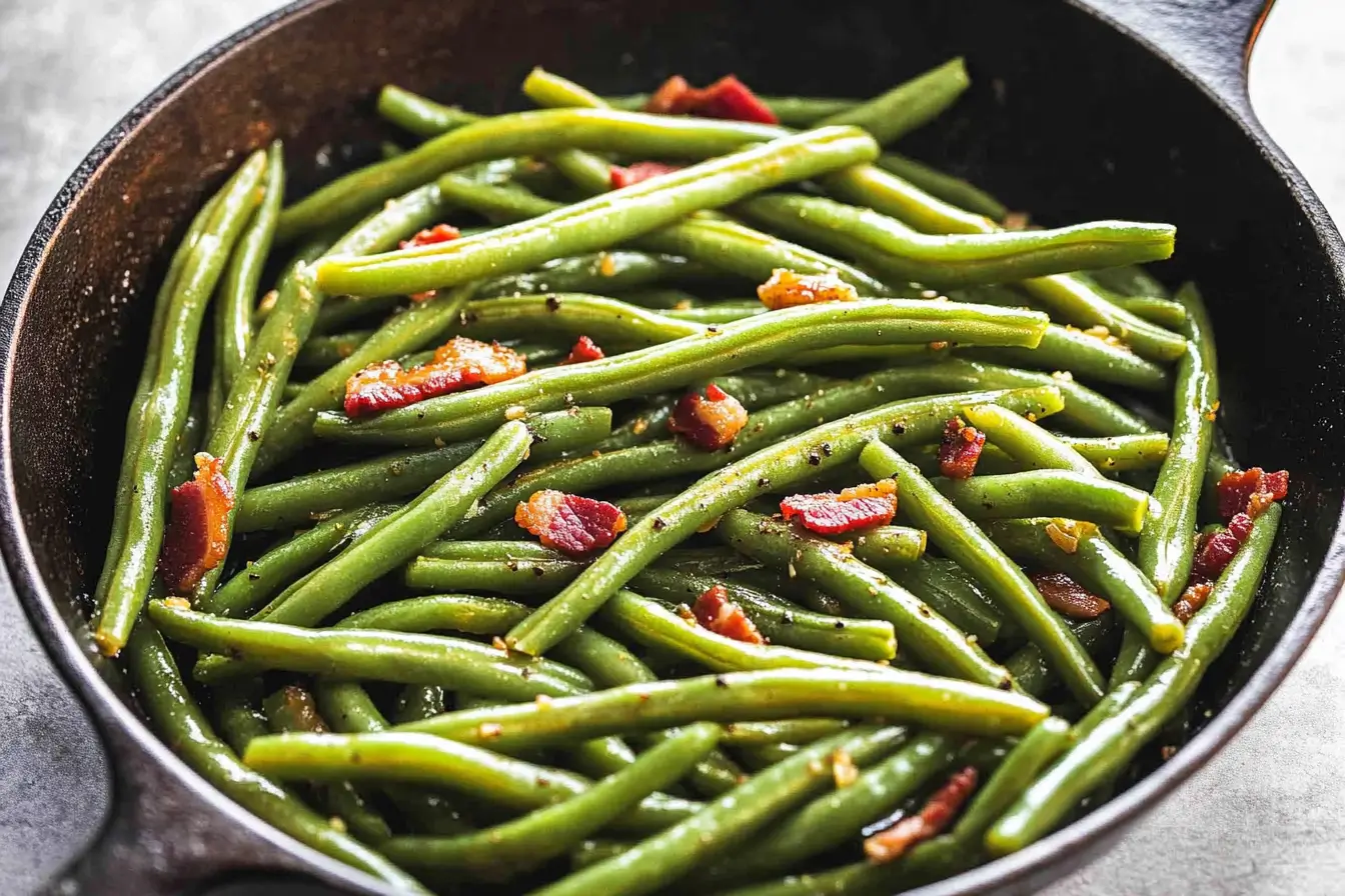 A skillet of sautéed green beans cooked with crispy bacon pieces and lightly seasoned, perfect as a savory side dish.