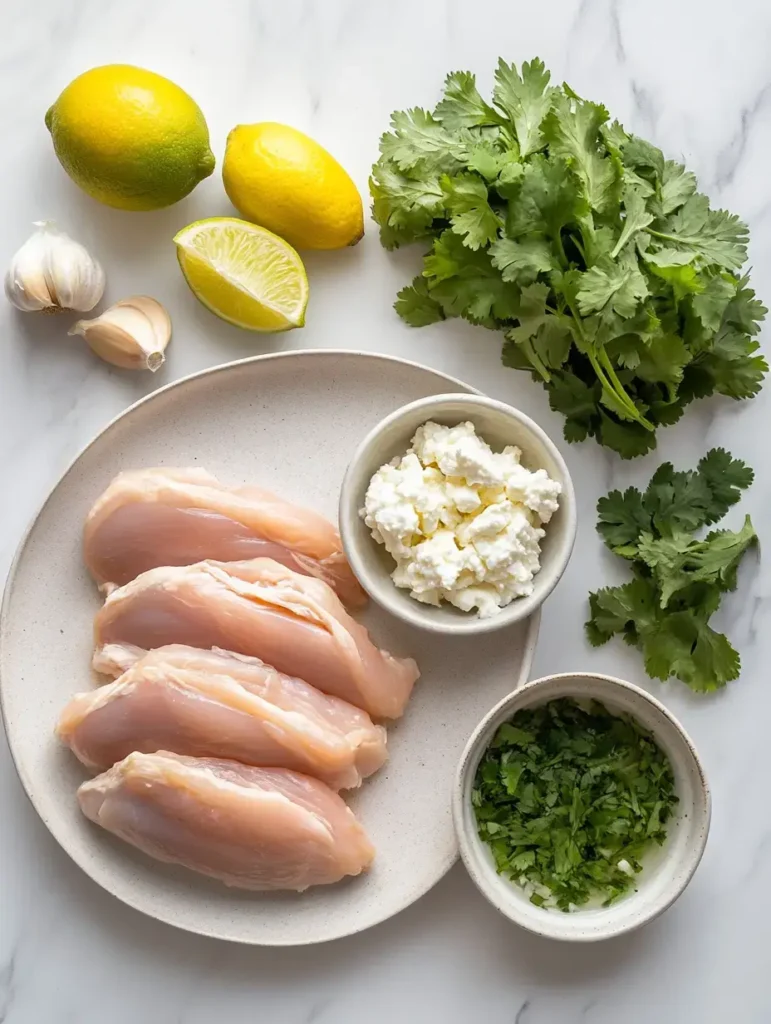 Fresh ingredients for churu chicken amarillo recipe, including chicken breasts, lemons, lime, garlic, cilantro, and feta cheese, arranged on a marble countertop.