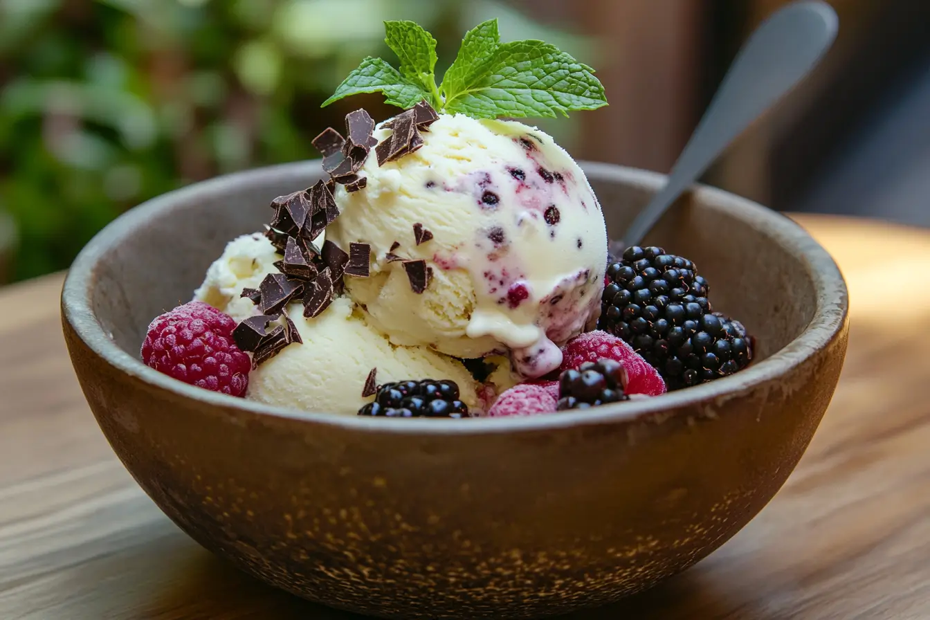 A bowl of vanilla ice cream with berries, chocolate shavings, and a mint leaf.