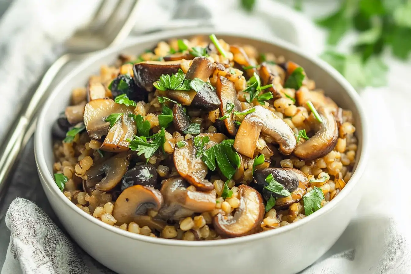 Bowl of kasha with sautéed mushrooms, sliced black olives, and fresh parsley.