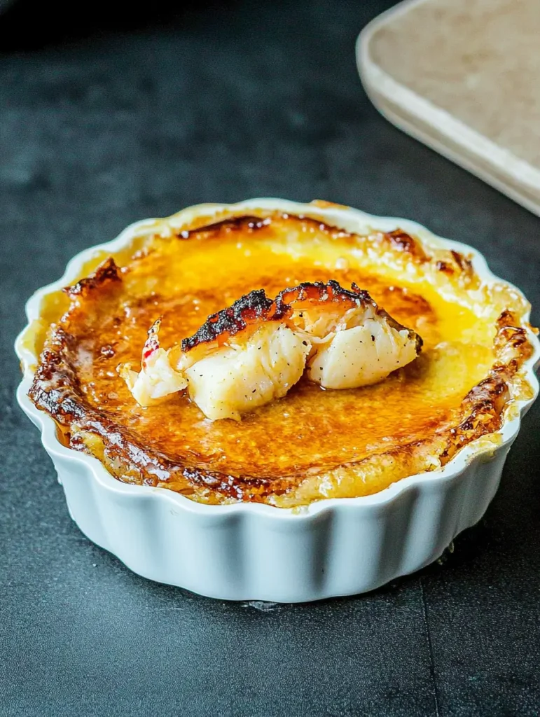 A rich and golden crab brûlée in a white ramekin, topped with perfectly caramelized sugar and tender crab meat, presented on a dark textured surface for a dramatic and appetizing effect.