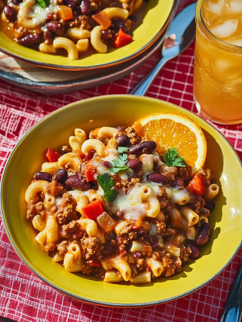 A bowl of chili con carne with macaroni, topped with melted cheese and garnished with fresh cilantro, served alongside a slice of orange on a colorful table setting.