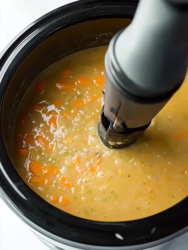 A crock pot with creamy vegetable soup being blended using an immersion blender, showing chunks of carrots and celery.