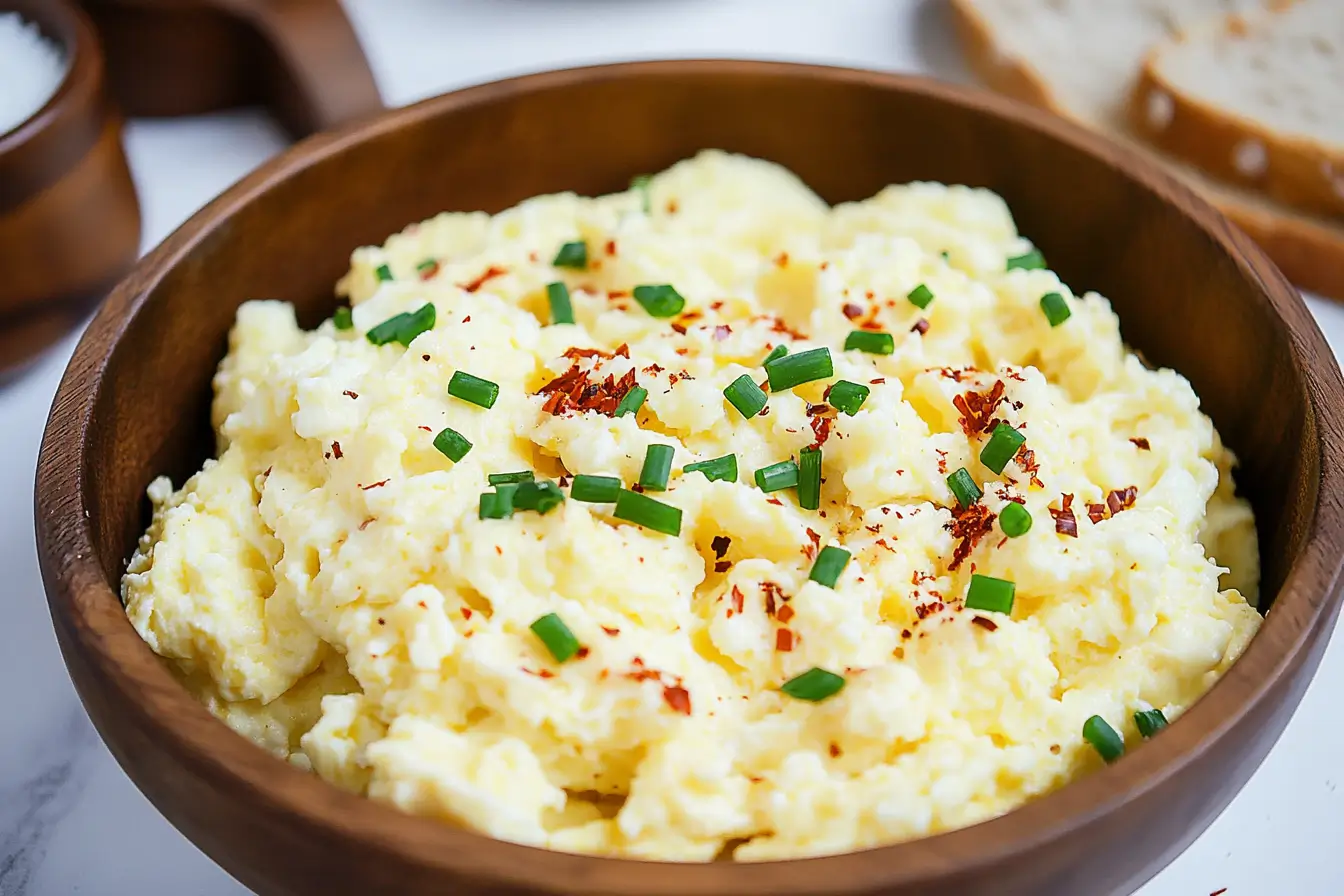 Bowl filled with creamy scrambled eggs, garnished with chopped chives and a sprinkle of red pepper flakes.