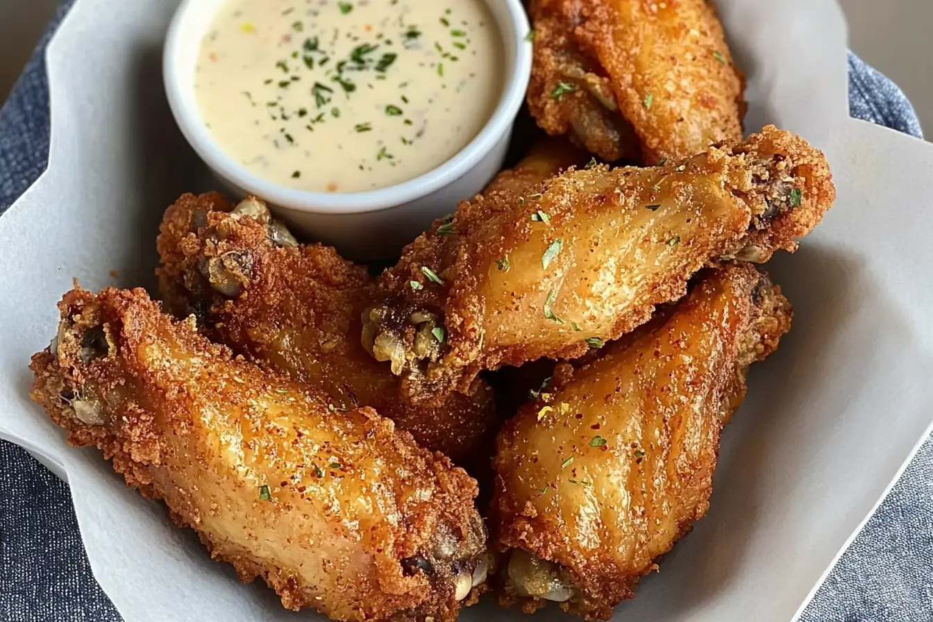 Crispy golden chicken wings served with a creamy dipping sauce, sprinkled with fresh herbs for garnish.