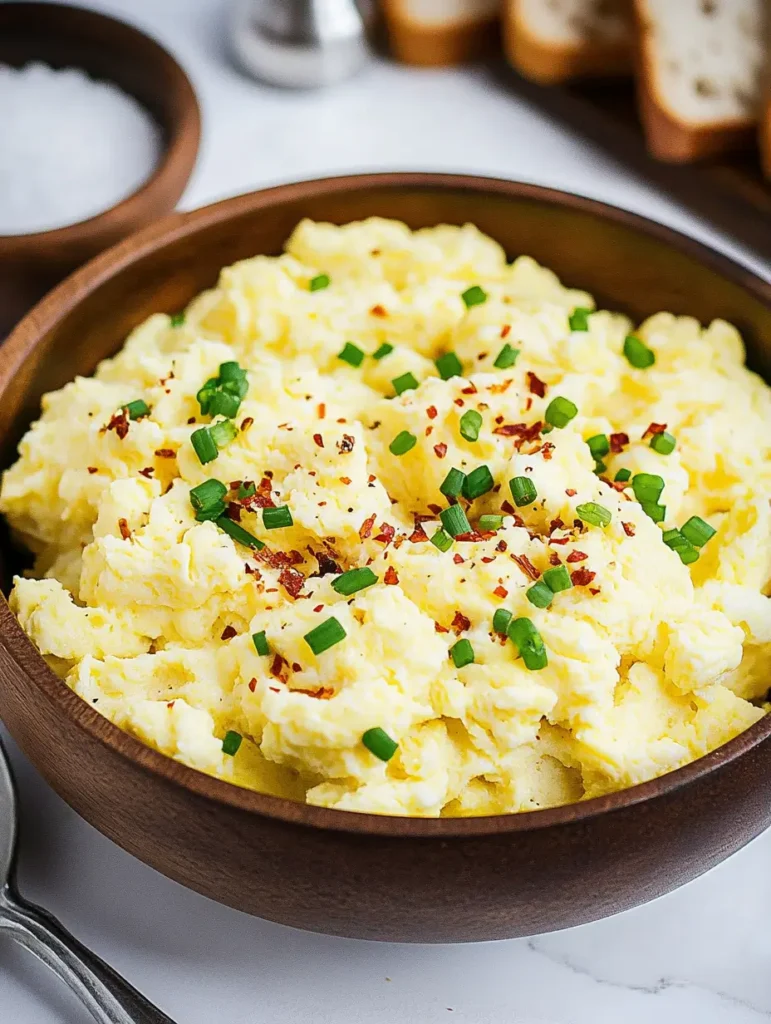 Bowl of scrambled eggs topped with chives and red pepper flakes.