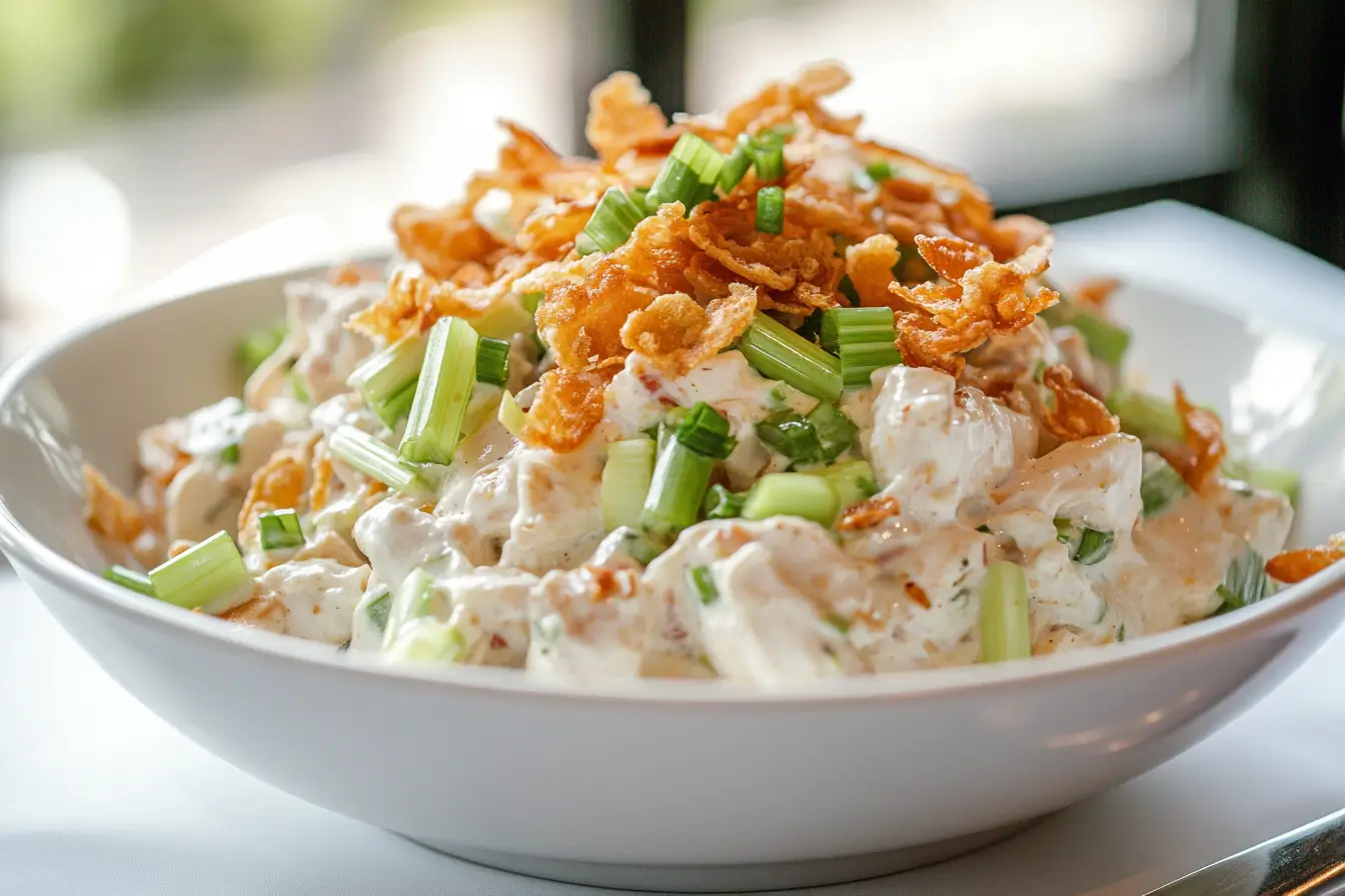 A creamy chicken salad topped with crispy fried onions and fresh green onions, served in a white bowl.