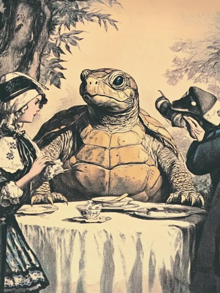 An artistic depiction of a whimsical Mock Turtle, inspired by Lewis Carroll’s ‘Alice’s Adventures in Wonderland,’ sitting at a table with curious guests.