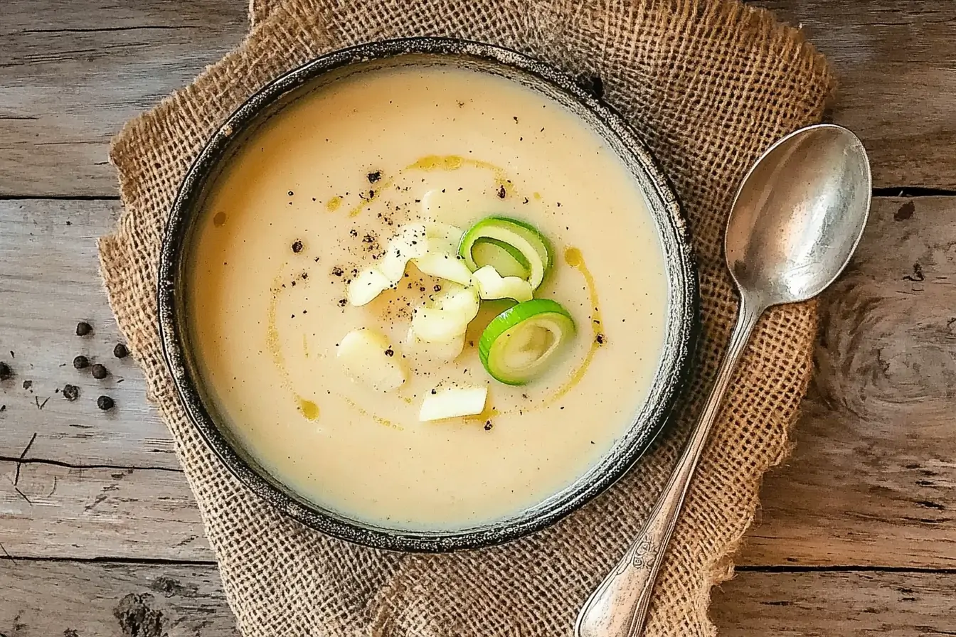 Creamy potato soup garnished with fresh leek slices, black pepper, and a drizzle of olive oil, served in a rustic bowl with a silver spoon on a burlap cloth.