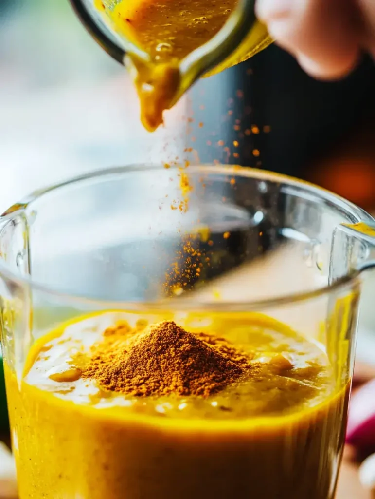 Pouring freshly blended yellow chili sauce with spices into a glass container.