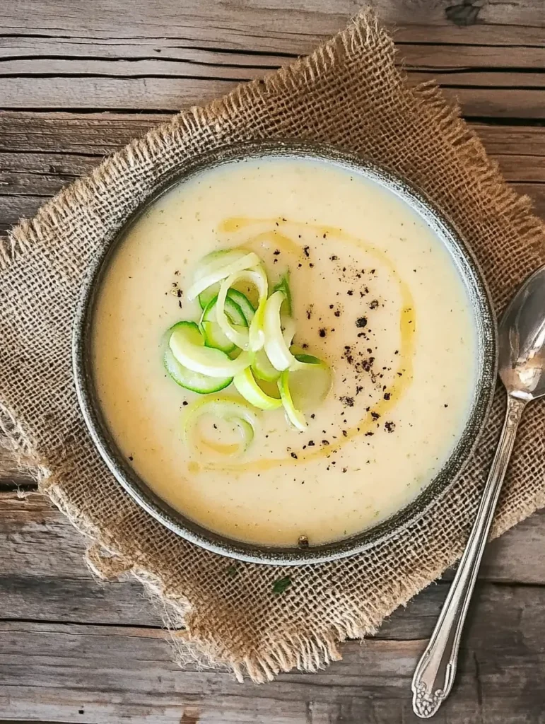 A creamy potato soup garnished with fresh sliced leeks and a drizzle of olive oil.