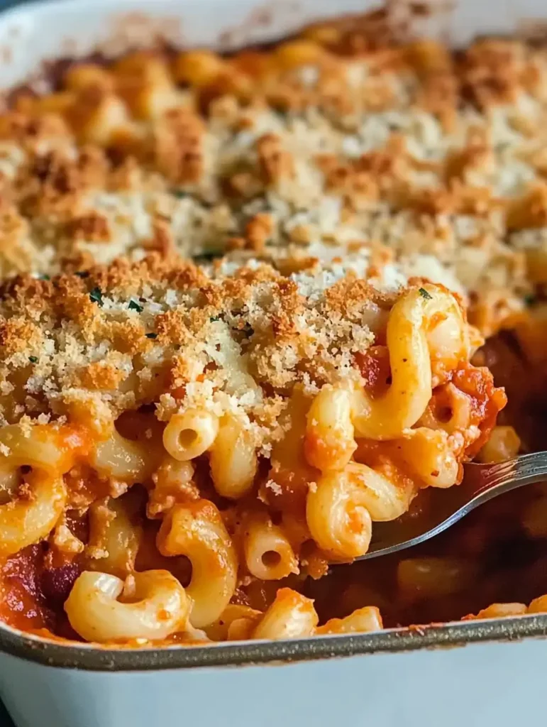 A close-up of baked macaroni with a golden breadcrumb topping, scooped out to reveal a cheesy, saucy interior.