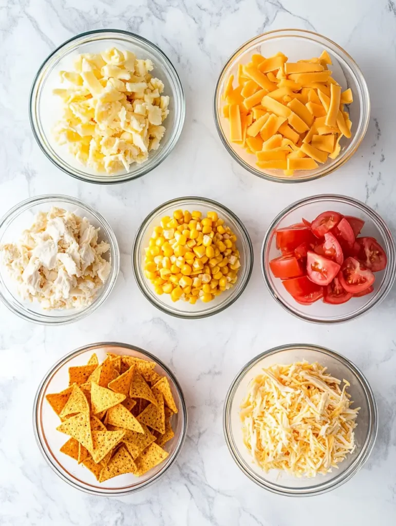 An overhead shot of colorful ingredients for Doritos chicken casserole, including shredded cheeses, diced tomatoes, corn, Doritos, and cooked chicken arranged in bowls on a marble surface.