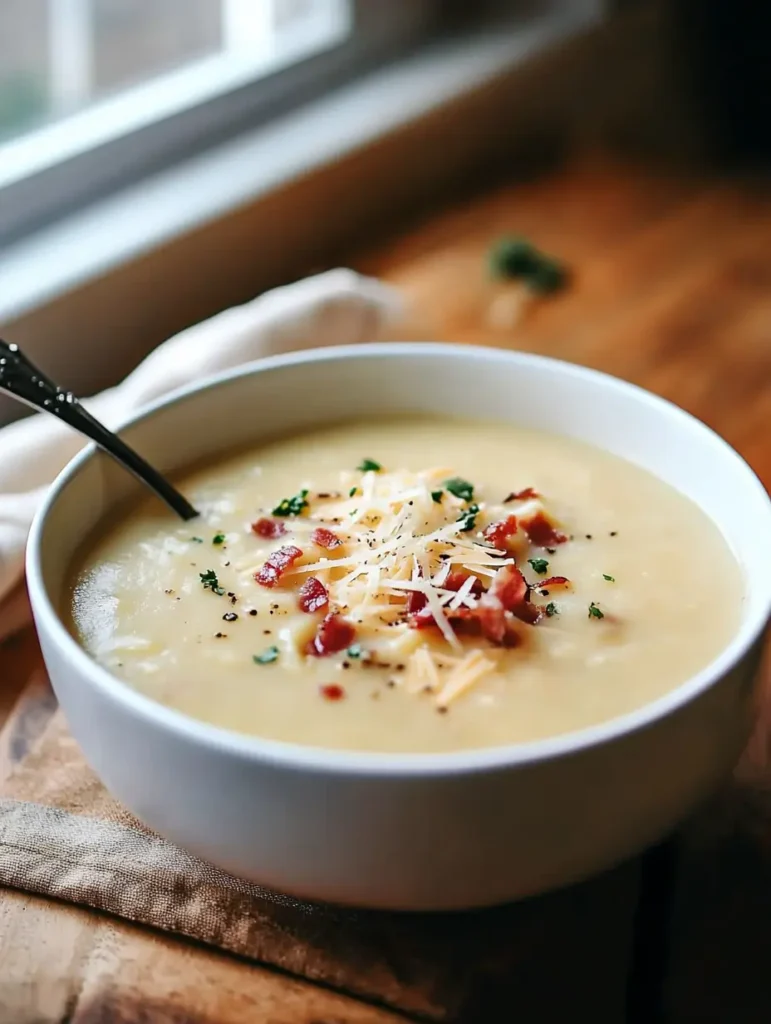 Creamy potato soup topped with crispy bacon bits, shredded cheese, and fresh herbs, served in a white bowl on a wooden surface by a window.