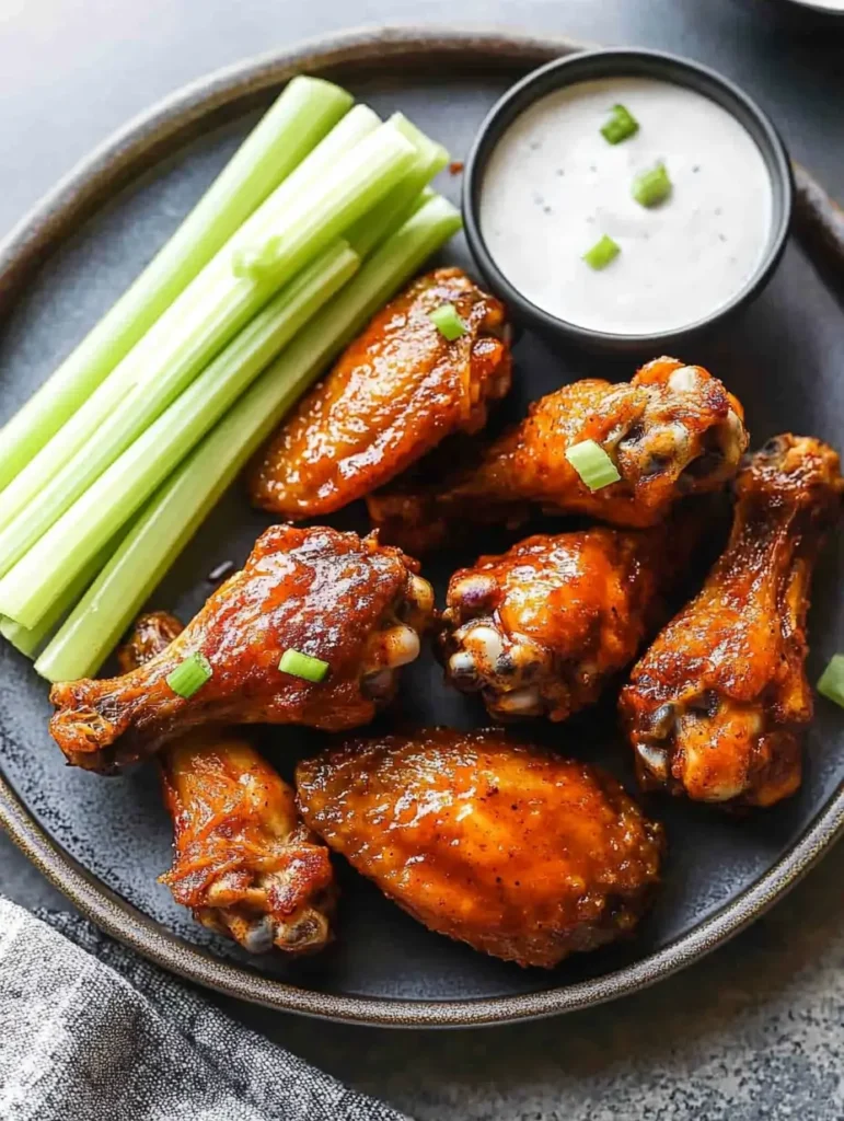 Crispy, golden chicken wings coated in a flavorful glaze, served with fresh celery sticks and a side of creamy dipping sauce for the perfect balance of crunch and zest.