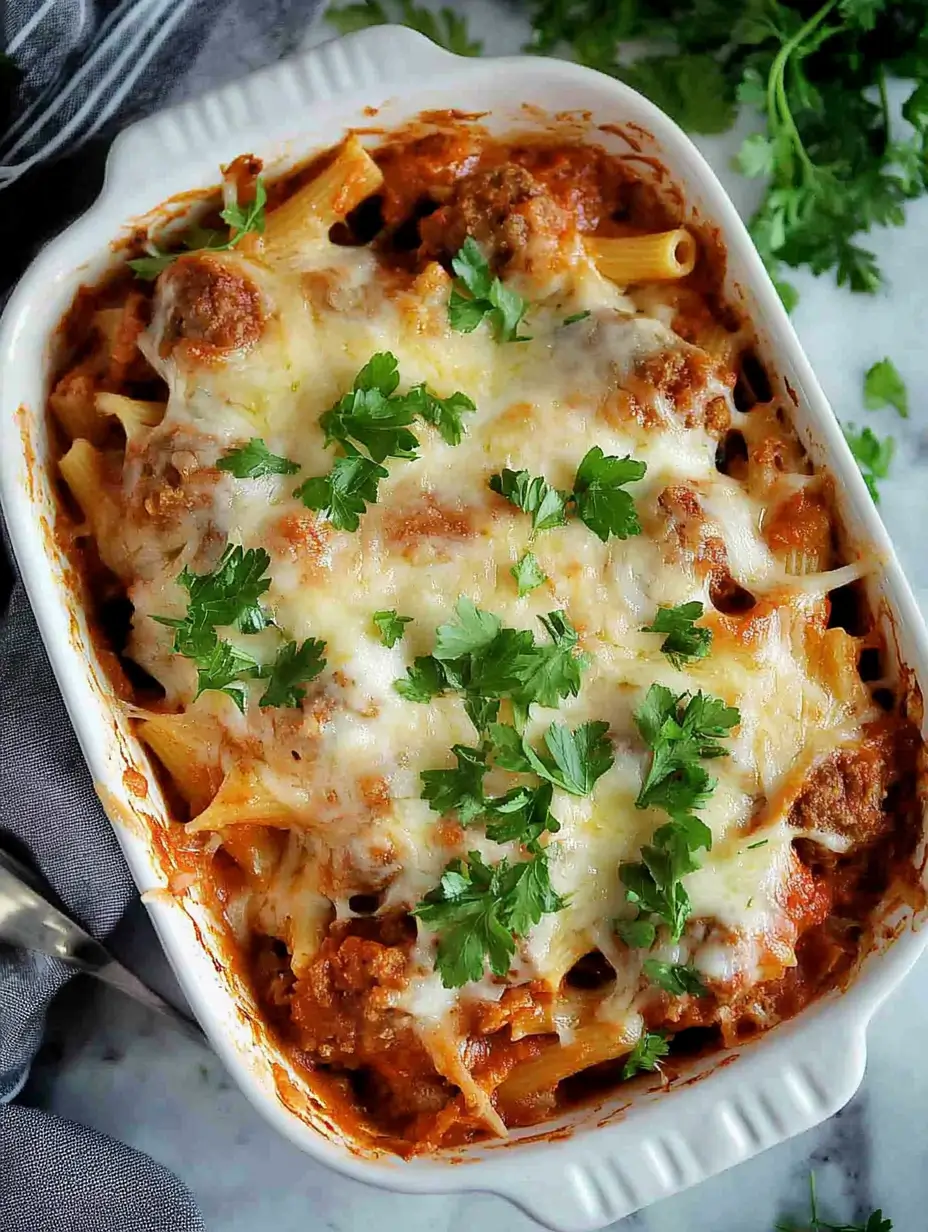 A comforting casserole of baked rigatoni pasta and savory meatballs, smothered in marinara sauce, melted cheese, and garnished with fresh parsley.