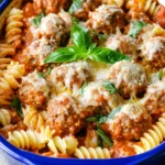 A vibrant casserole dish filled with rotini pasta, juicy meatballs, and rich marinara sauce, topped with melted cheese, fresh basil, and grated Parmesan.