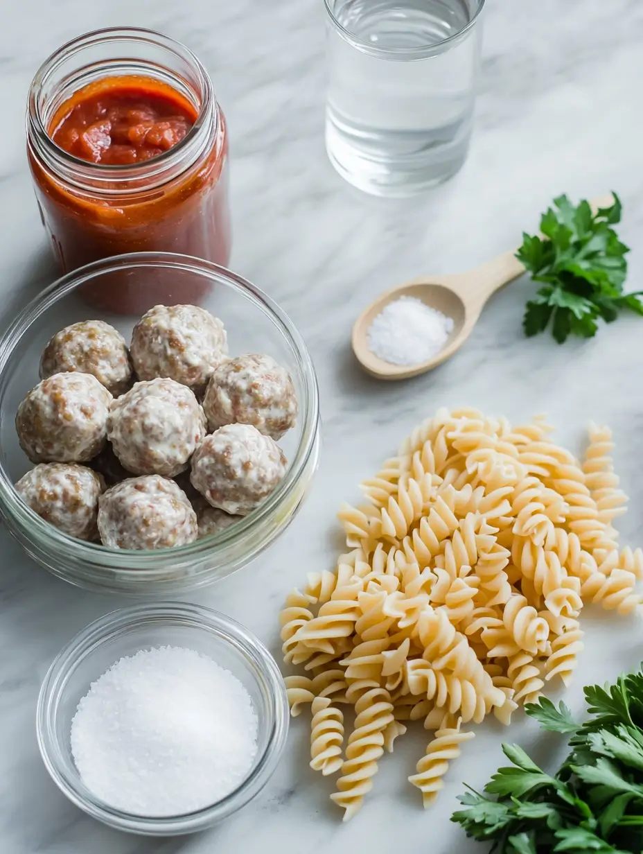 Ingredients for a dump-and-bake meatball casserole, including pasta, marinara sauce, frozen meatballs, parsley, and seasoning arranged on a marble countertop.