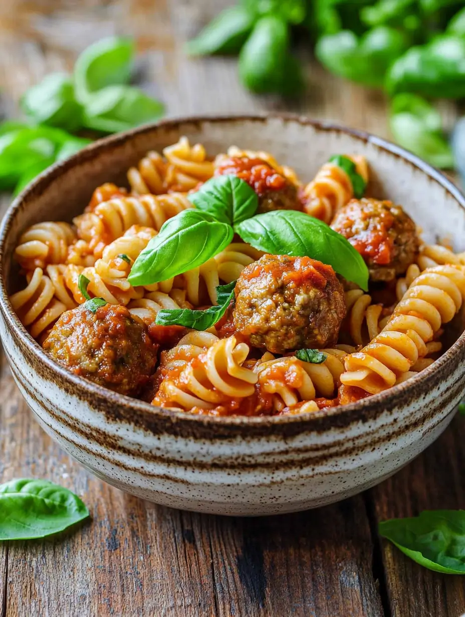 A rustic bowl of rotini pasta with savory meatballs and marinara sauce, garnished with fresh basil leaves on a wooden table.