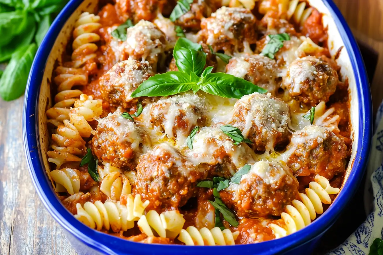 A vibrant casserole dish filled with rotini pasta, juicy meatballs, and rich marinara sauce, topped with melted cheese, fresh basil, and grated Parmesan.