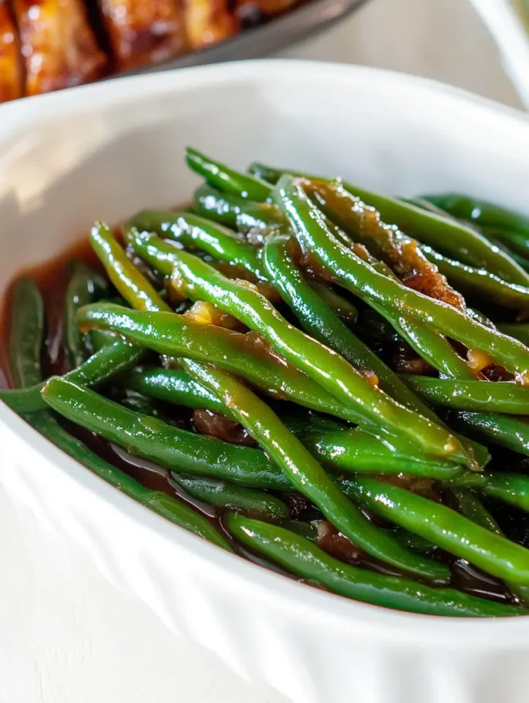 A white dish filled with tender green beans glazed in a savory-sweet sauce, served as a flavorful side dish.