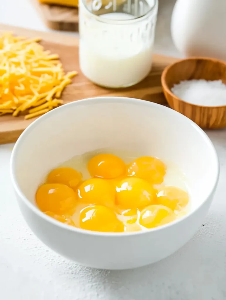 A white bowl filled with egg yolks, placed on a countertop alongside shredded cheese, a jar of milk, and a wooden bowl of salt.