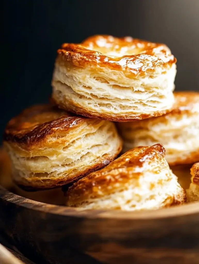 Golden, flaky biscuits stacked in a rustic wooden bowl, highlighting their buttery layers and crisp edges.