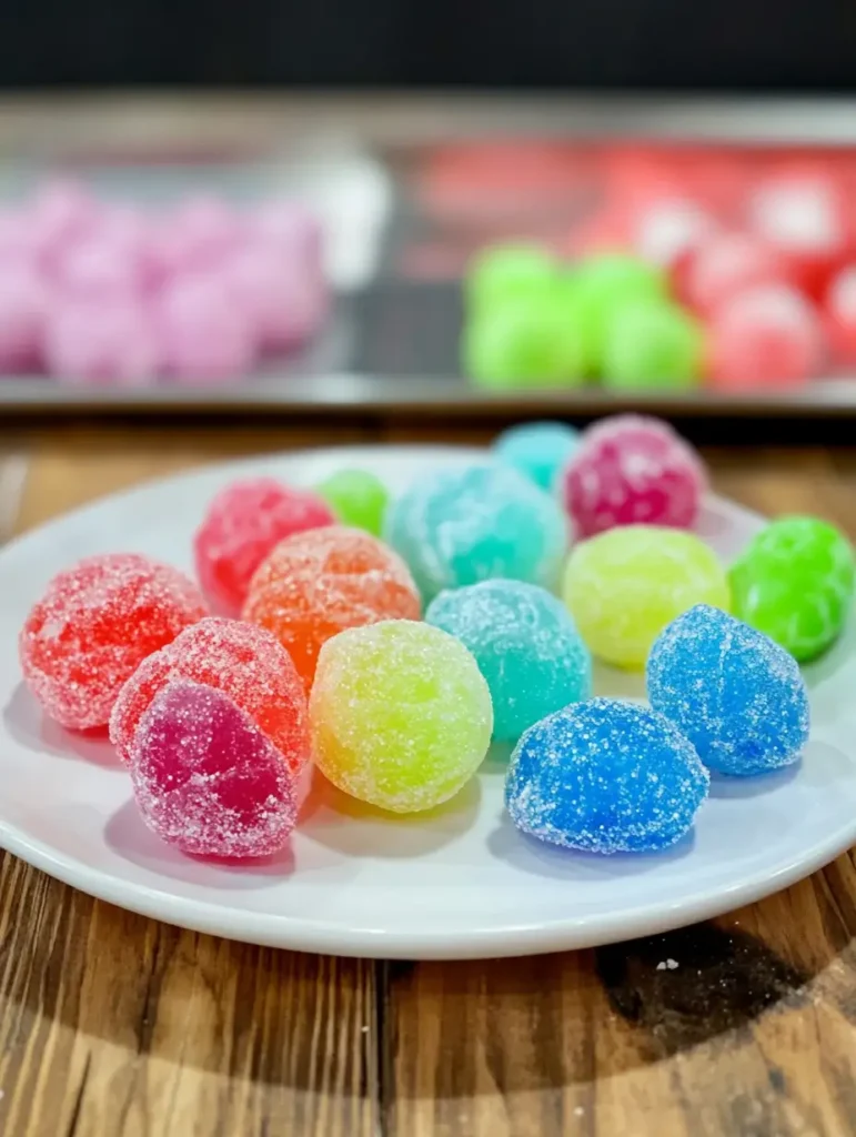 Colorful freeze-dried candies on a plate, featuring a variety of vibrant flavors, showcasing a fun and sugary treat.