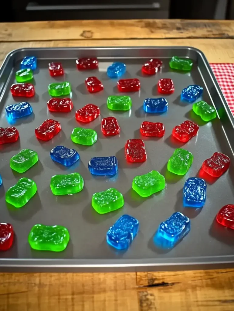 Colorful freeze-dried candies in vibrant red, green, and blue arranged neatly on a baking tray, ready for processing.