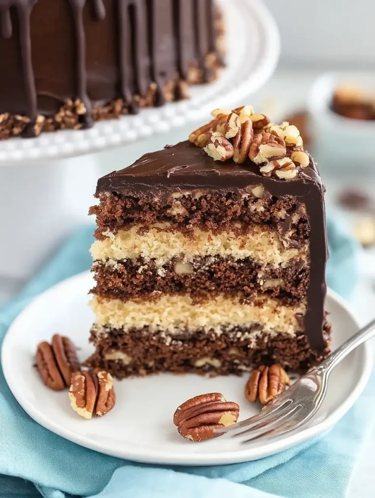 Slice of German chocolate cake with layers of coconut-pecan filling, topped with chocolate frosting and pecans.