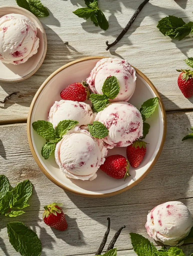 A bowl of strawberry swirl ice cream garnished with fresh strawberries and mint leaves, surrounded by vanilla pods and scattered mint leaves on a rustic wooden table.