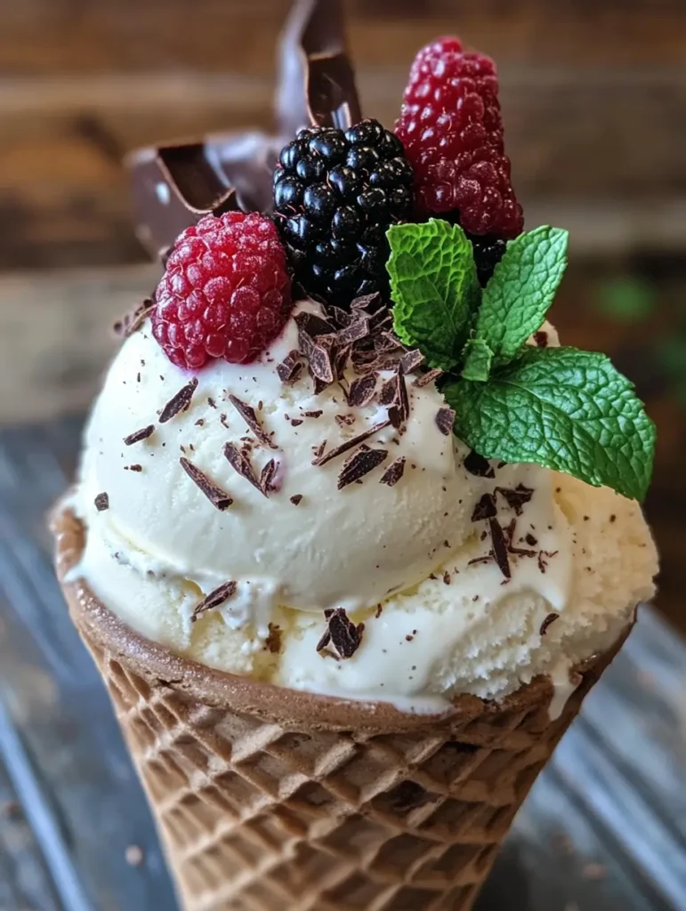 A waffle cone filled with vanilla ice cream, topped with fresh berries, chocolate shavings, and a mint garnish.