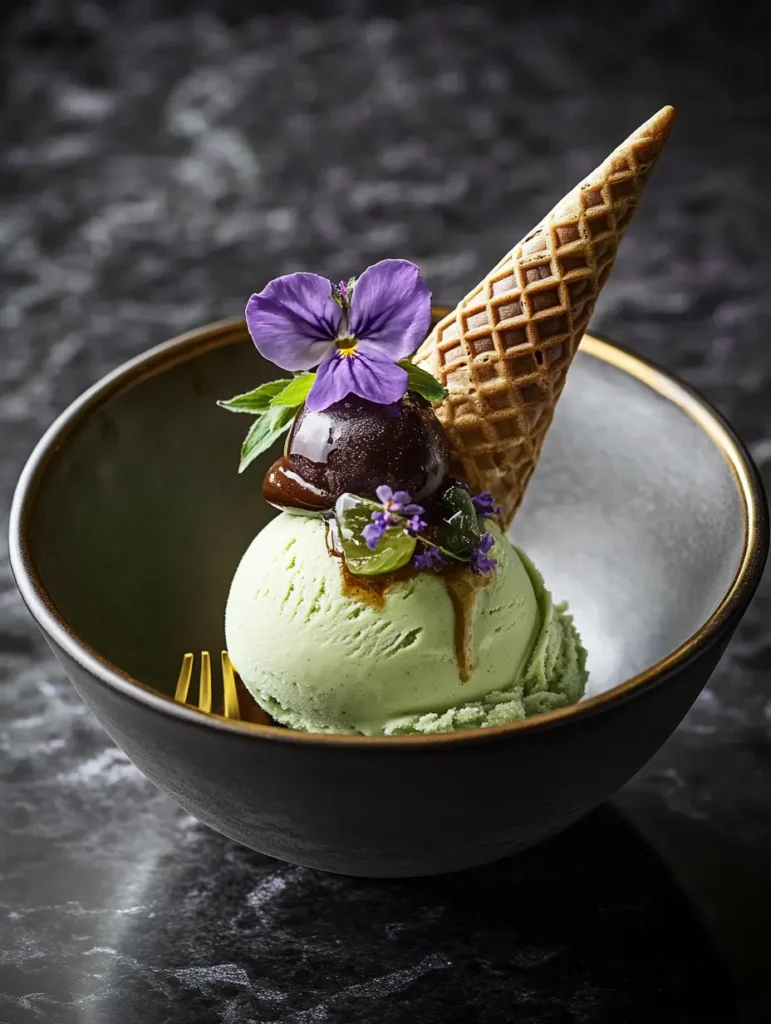 A dark bowl featuring a green ice cream scoop topped with chocolate sauce, a waffle cone, and a violet flower garnish, presented on a dark textured surface.