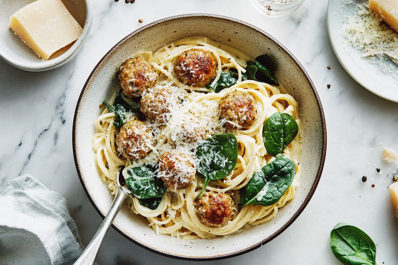 A bowl of creamy spaghetti carbonara topped with golden-brown meatballs, fresh spinach leaves, and a generous sprinkle of grated Parmesan cheese, placed on a marble surface with a wedge of cheese and a plate of extra toppings nearby.