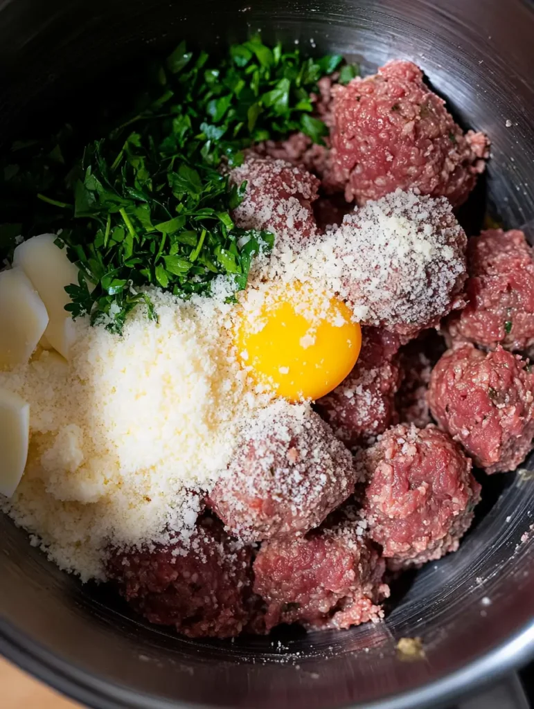 A bowl filled with ground meat, egg yolk, Parmesan cheese, chopped parsley, and garlic, ready to be mixed for making meatballs.