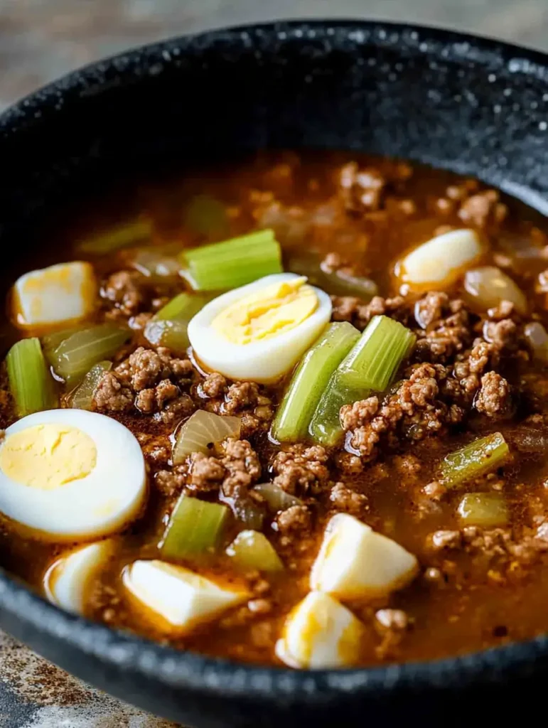 Mock turtle soup in a dark bowl, featuring ground meat, celery, boiled egg slices, and potatoes in a rich, hearty broth.