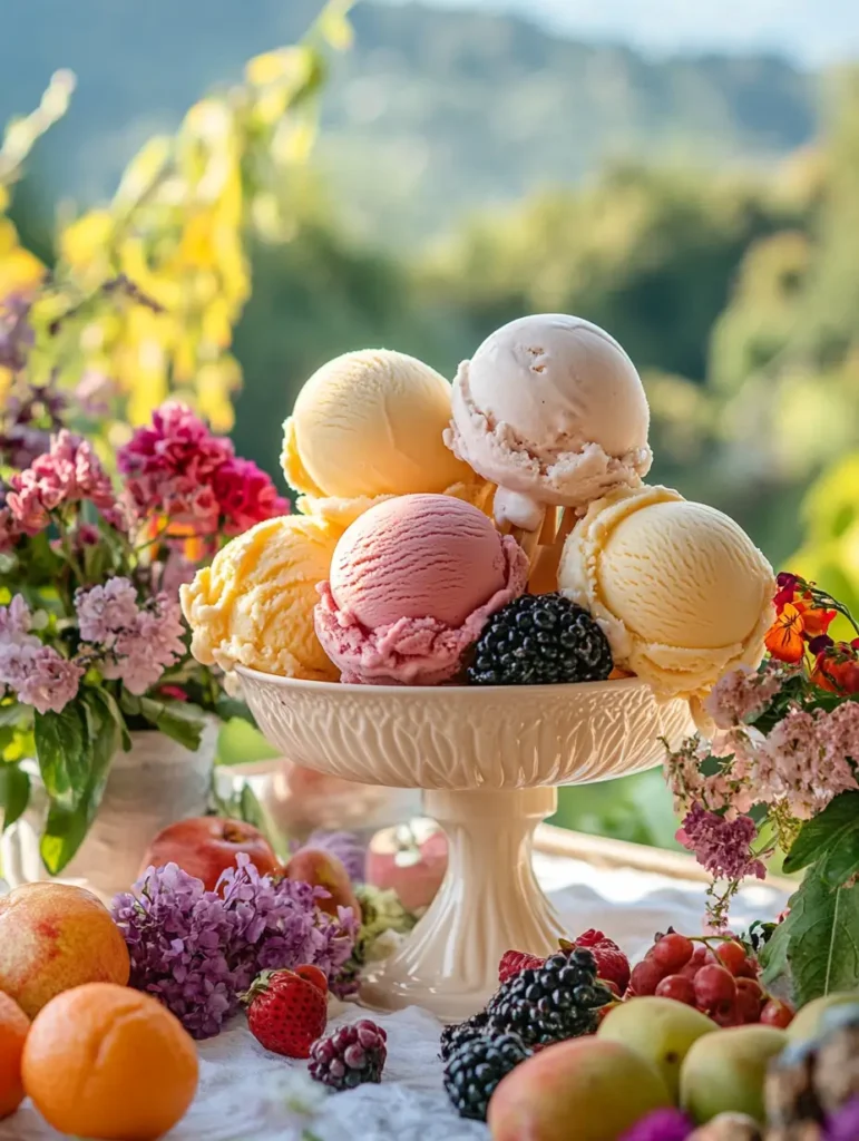 A pedestal dish filled with colorful scoops of ice cream, surrounded by fresh fruits, flowers, and a scenic garden background.