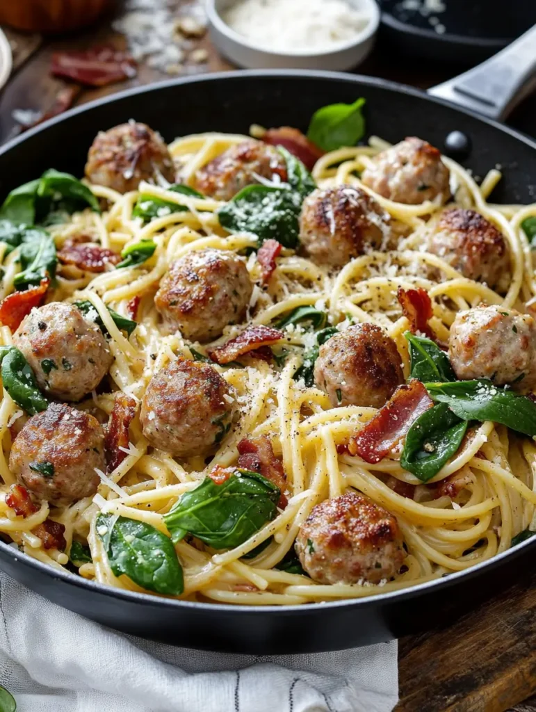 A skillet filled with creamy spaghetti carbonara, meatballs, crispy bacon, fresh spinach, and Parmesan cheese, ready to serve.