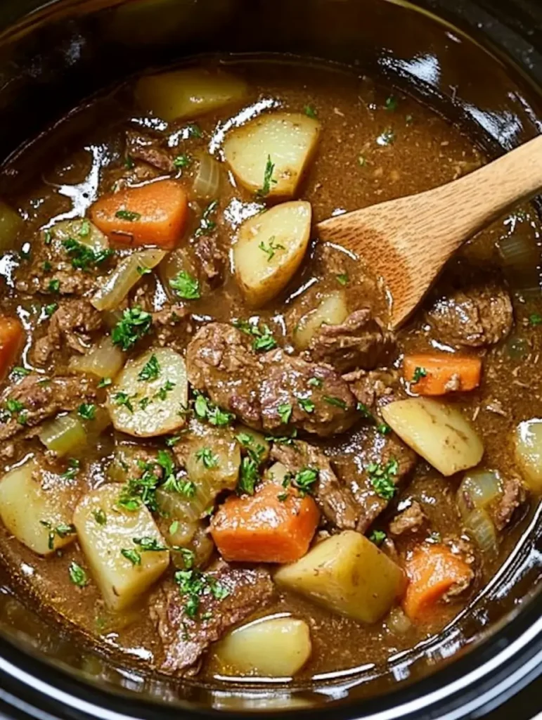 A hearty slow cooker beef stew with tender chunks of beef, potatoes, carrots, and onions, garnished with fresh parsley.