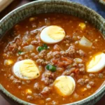 Mock Turtle Soup served in a rustic bowl, featuring a hearty mix of ground beef, vegetables, and boiled egg slices in a flavorful broth.