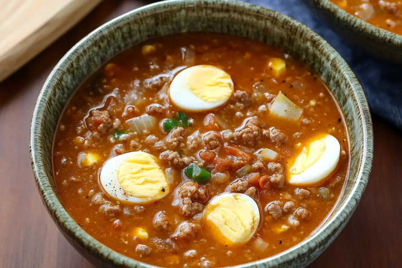 Mock Turtle Soup served in a rustic bowl, featuring a hearty mix of ground beef, vegetables, and boiled egg slices in a flavorful broth.