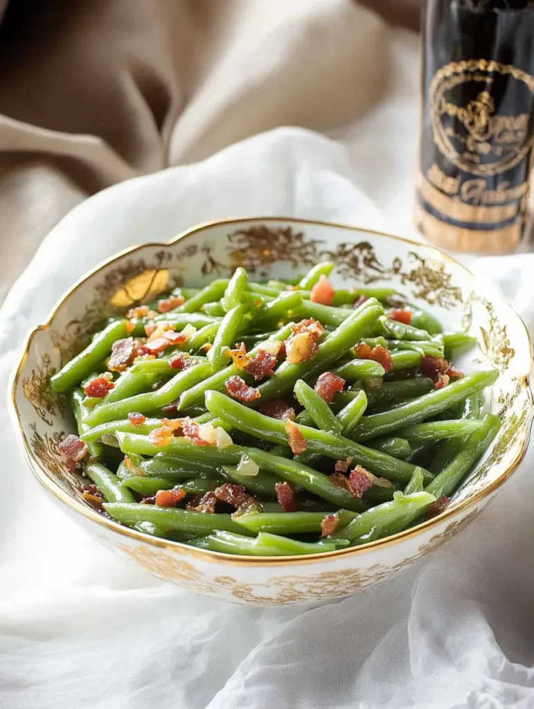 A decorative bowl filled with green beans, garnished with crispy bacon and onions, served as a flavorful side dish.