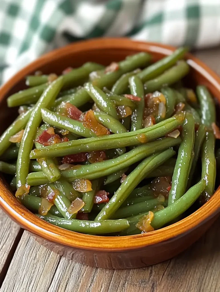 A wooden bowl filled with tender green beans, cooked with caramelized onions and crispy bacon, served as a sweet and savory side dish.