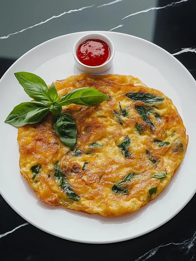 Golden omelet with fresh basil leaves served on a white plate with a side of red dipping sauce.