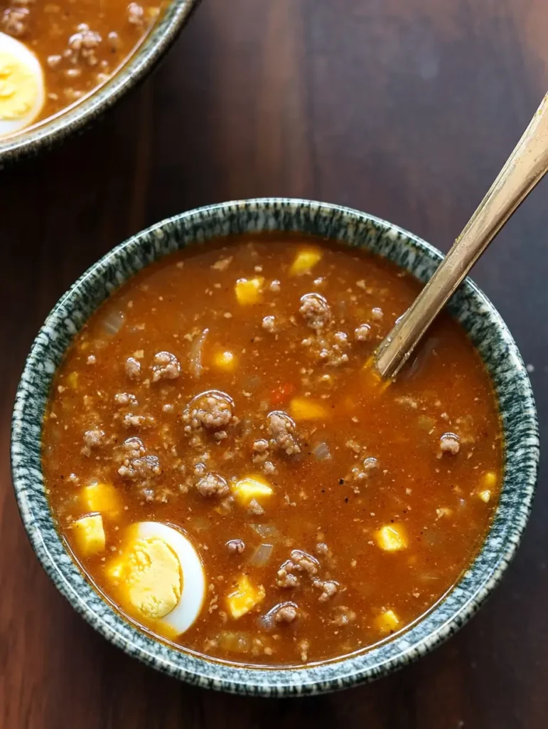 Mock turtle soup served in a green-rimmed bowl, showcasing rich broth, minced meat, diced eggs, and a flavorful blend of ingredients.